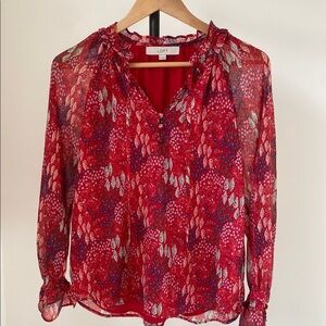 LOFT Red Ruffled Long Sleeve Blouse